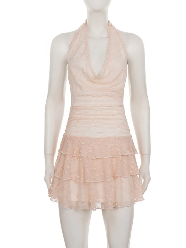 SsTss 夏ロマンチックなライトピンクのレースのホルタードレス女性のセクシーなレースアップディープ V ノースリーブバックレススリムティアードフリルミニドレス