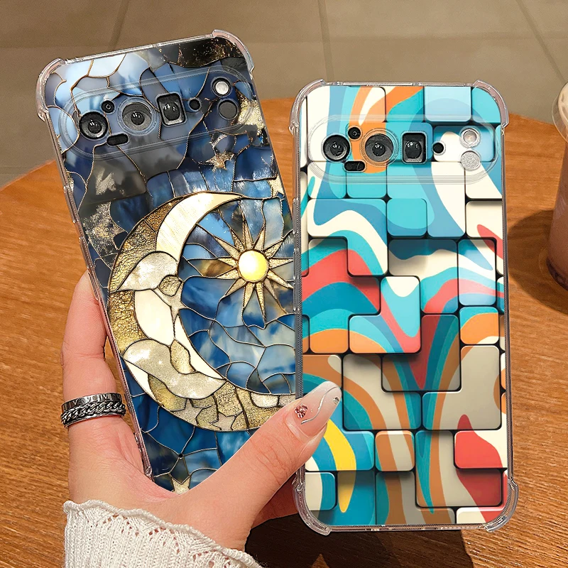 

Transparent Sun Moon Pattern Phone Case For Google Pixel 9 Pro 9A Pixel 9 Pro XL Clear Shockproof Anti-Fall TPU Soft Back Cover