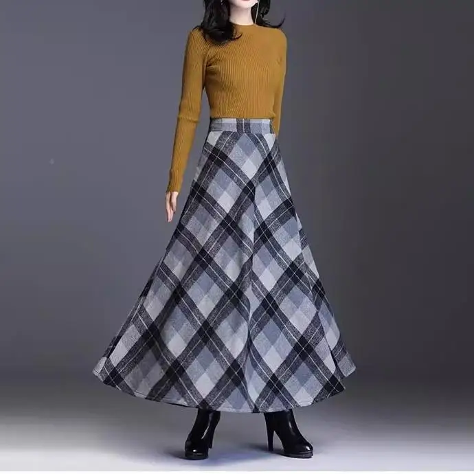 Retro Tweed Plaid Skirt Women's Thickened Woolen A-Line Midi Skirt High Waist 5 Grids Autumn Season Regular Thickness