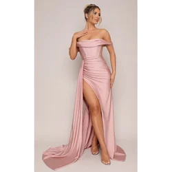 LoveDoris Off the Shoulder Bridesmaid Dress A-Line Evening Prom Dress Long Satin Party Dress Wedding High Split Dress