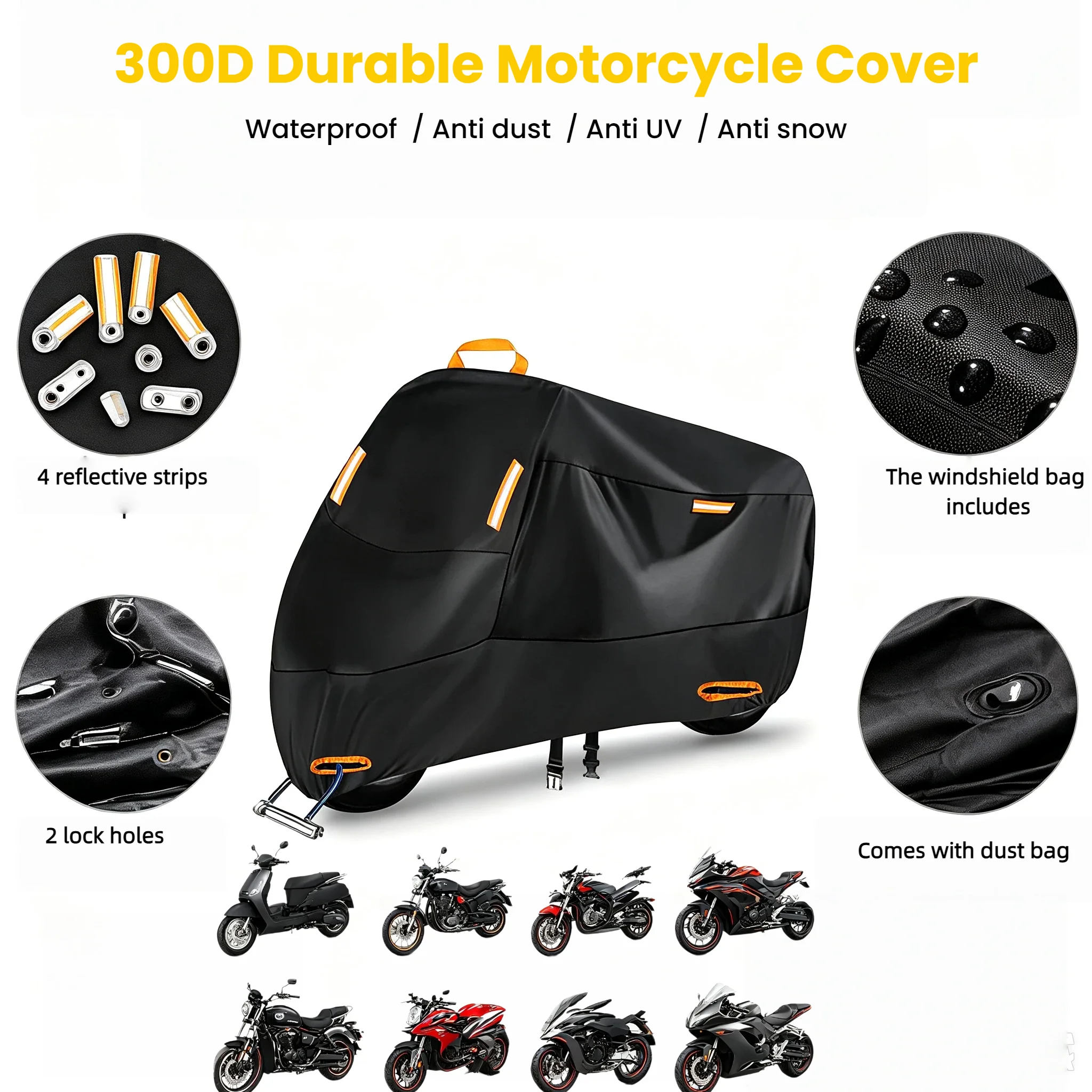 300D Oxford Motorcycle Cover Waterproof 2000mm All Weather Protection 4 Reflective Strips 2 Lock Holes Windproof Buckles Scooter