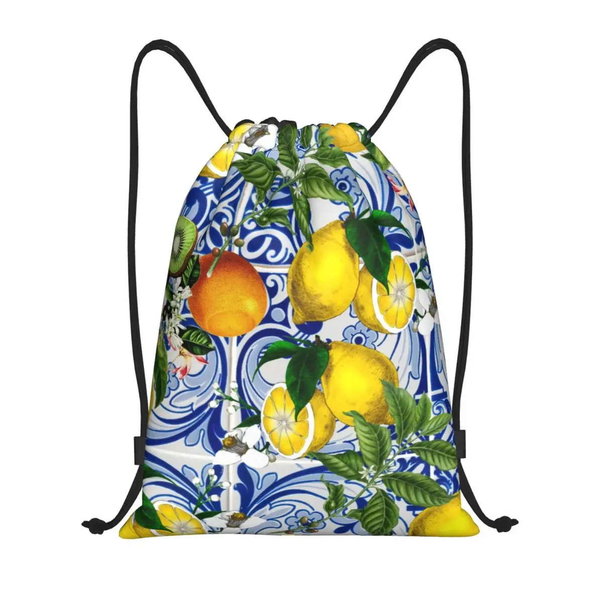 

Mediterranean Lemon On Blue Ceramic Tiles Drawstring Backpack Sports Gym Bag for Women Men Summer Citrus Fruit Shopping Sackpack