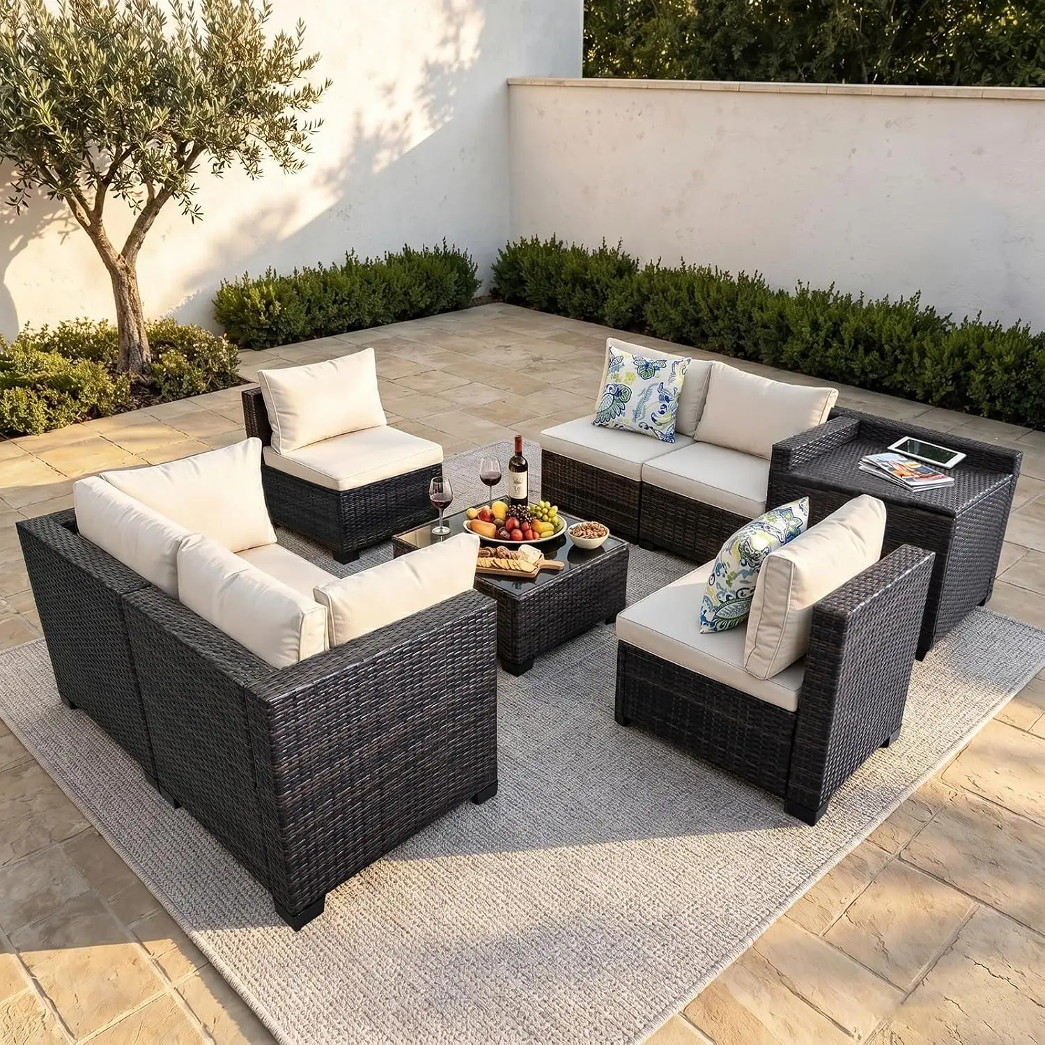 Sofá Seccional de Patio de 8 Piezas con Almacenamiento y Bolsa Impermeable, Muebles Modulares de Mimbre para Exteriores con Cojines, Beige, Personalizado