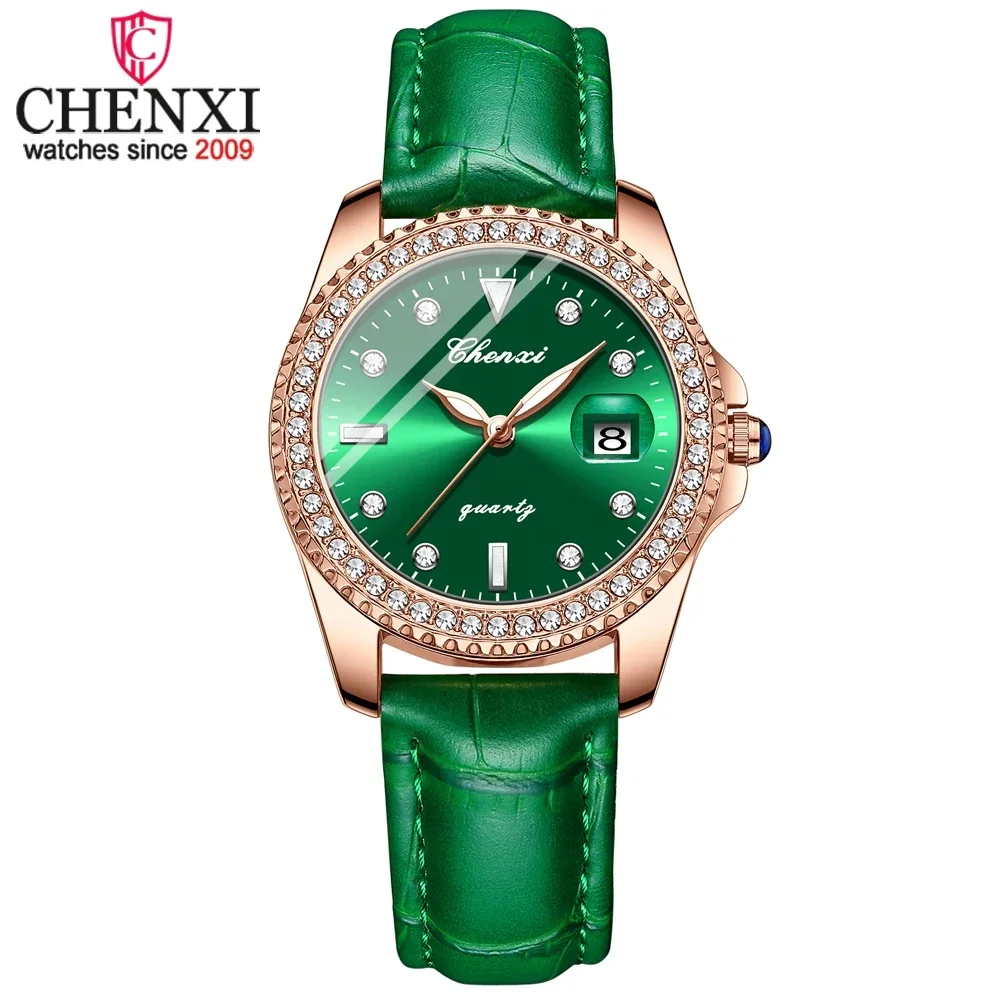 

CX-385 CHENXI Women Watch Brand Fashion Leather Quartz Wrist Watch Ladies Waterproof Clock Classic Retro Women's Green Watches