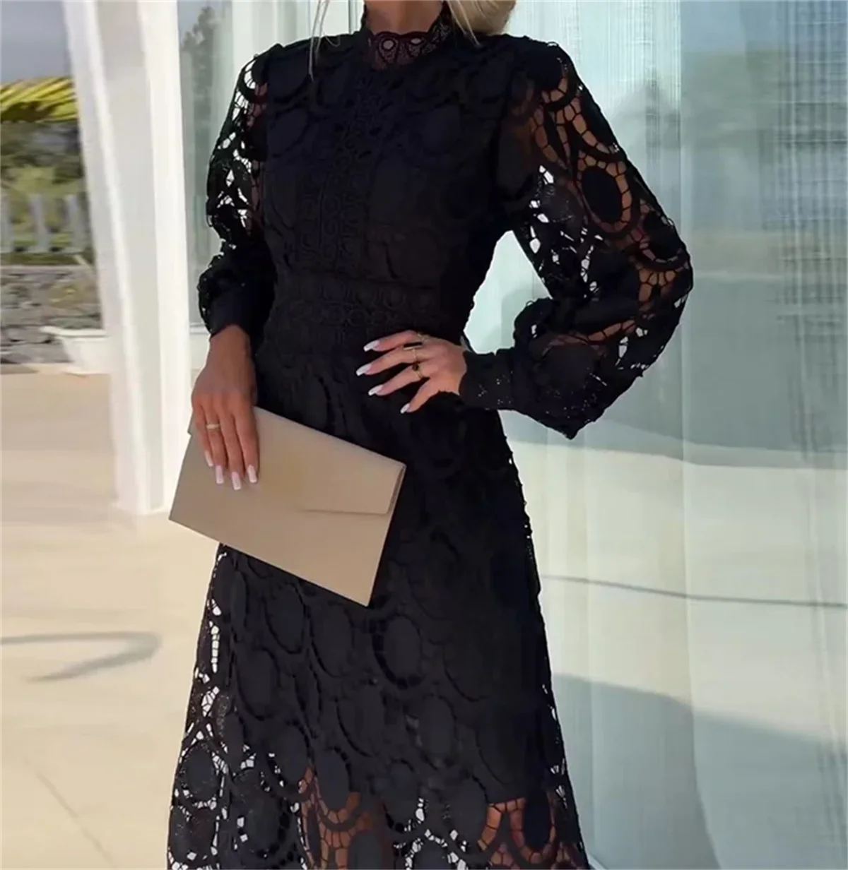 Lady Elegant New Lace Dress Stand Collar Lantern Long Sleeve Slim Vestidos Waist Temperament Fashion Office Commute Leisure Home