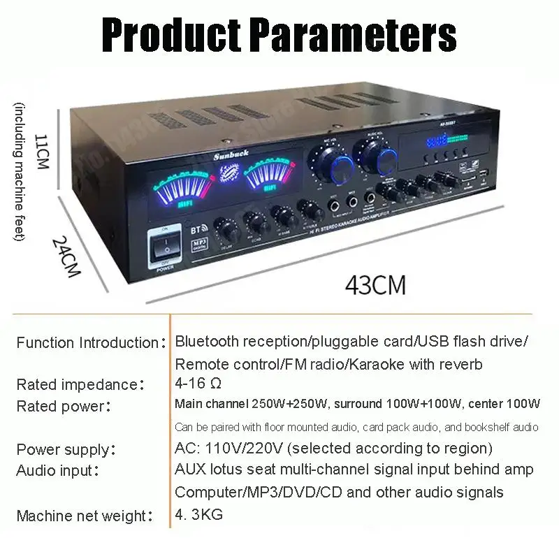 110/220V 555BT Dynamischer Bildschirm-Soundverstärker 298BT HiFi Stereo Digitaler Bluetooth-Verstärker für Zuhause, Auto, Karaoke, Theater, max. 2500W – Detail 11