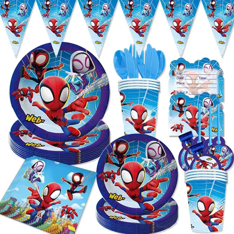 Spidey And His Amazing Friends Birthday Party Decoration Cartoon Spiderman Theme Tableware Supplies Cup Plate Balloon Baby Showe