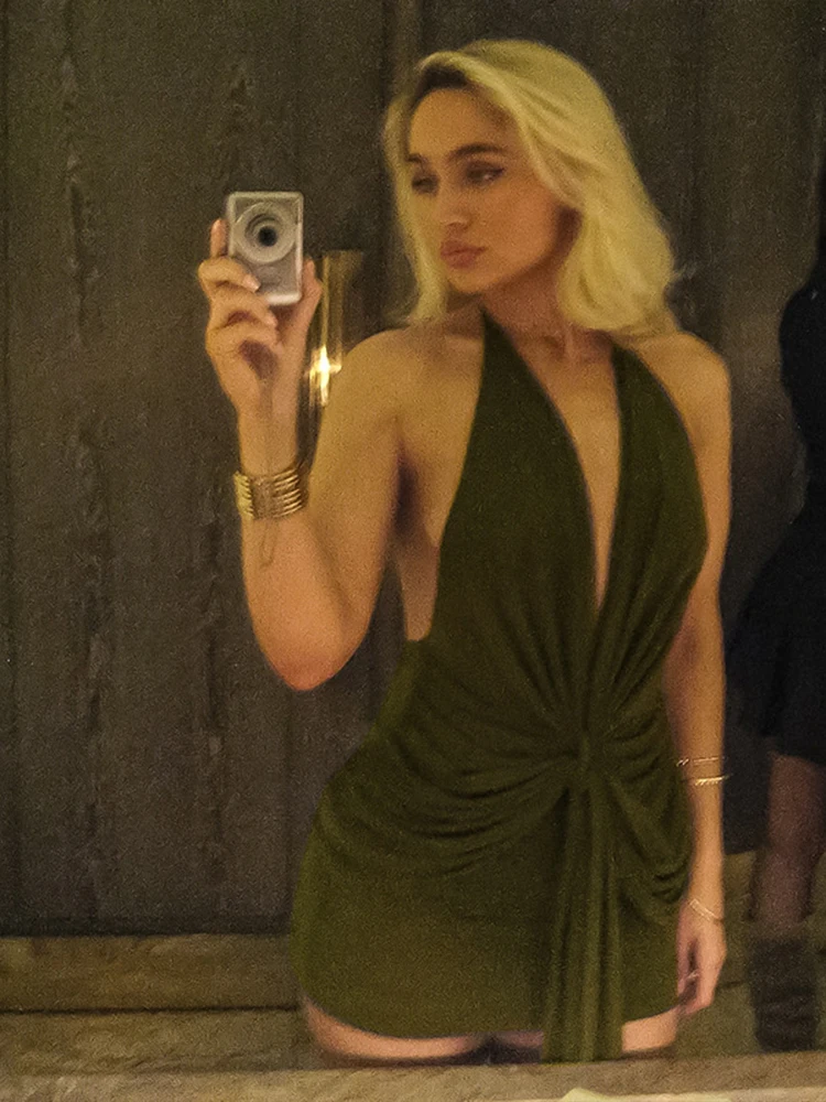 แปลก Puss Ruched เข็มขัดริบบิ้นเซ็กซี่ชุดผู้หญิงลึก V คอ Elegant Backless Lace-up Halter Midnight Club Party