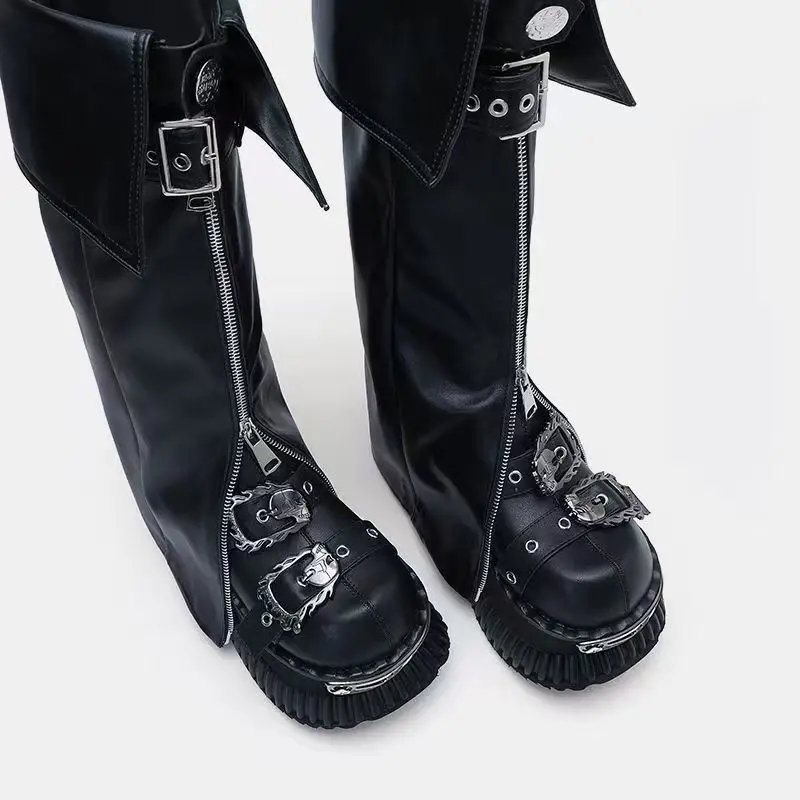 Gothic Punk Women Leg Warmers PU Leather Metal Buckle Zipper Y2K Motorcycle Style Boot Cuff Socks for Party Clubwear - view 2