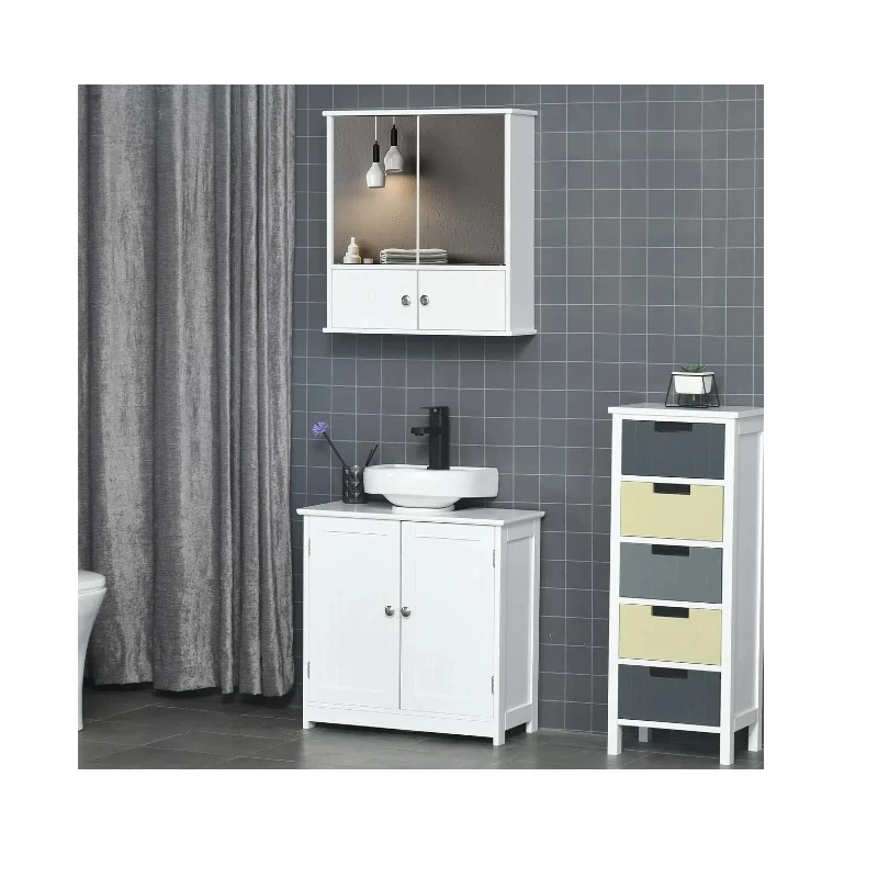 Medicine Cabinet with Mirror, Bathroom Wall Cabinet with 2 Mirrored Doors, 2 Modern Doors and Adjustable Shelf, White