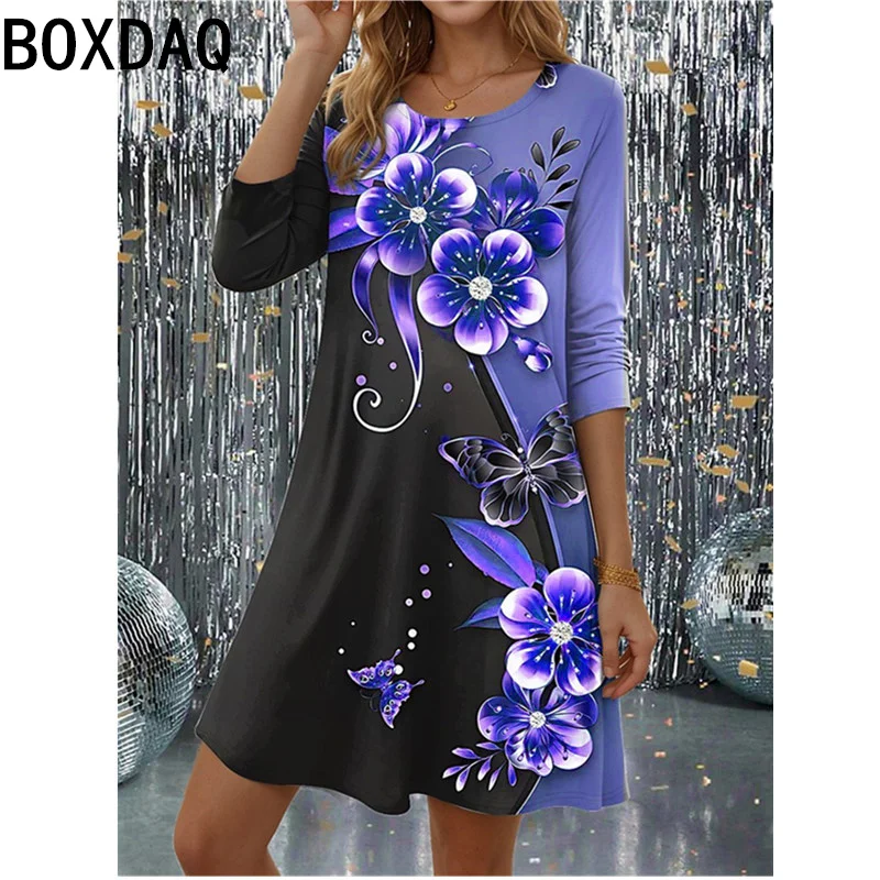 

Vintage 3D Colorful Flower Printed Dress Women Autumn Long Sleeve O-Neck Casual Dress Elegant Gradient A-line Dress Vestidos