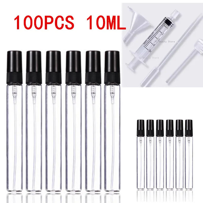 Großpackung 5/10/50/100 Stück 10ML Sprühflaschen mit Trichter, Tropfer, Spender und Spritze - Leere Glasflaschen für Parfüm und Kosmetik