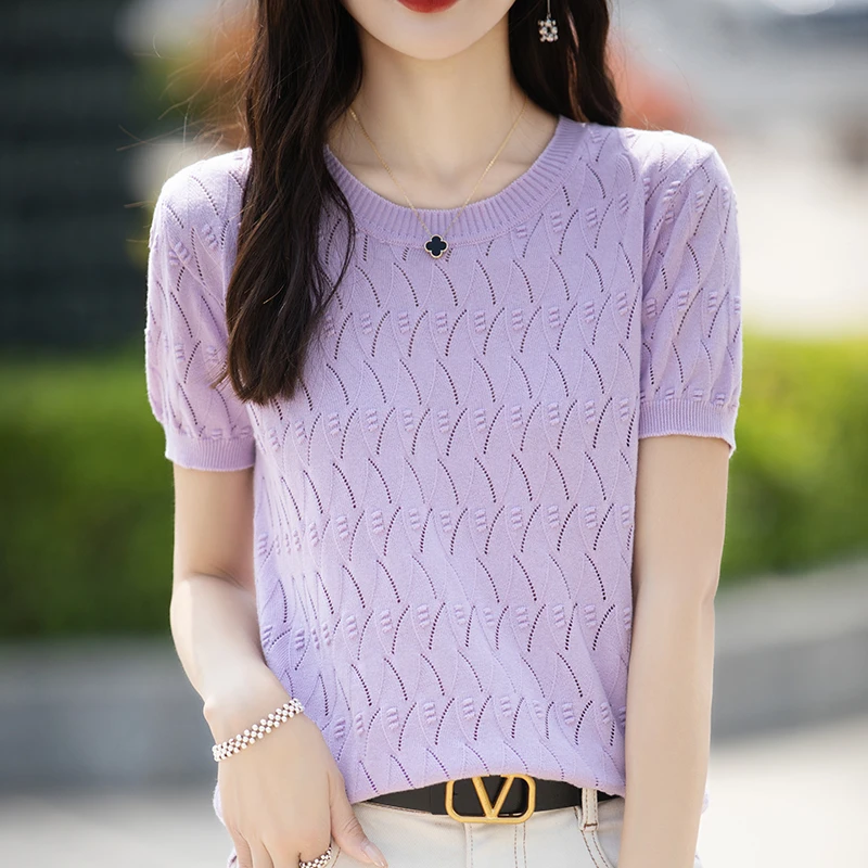 

2024 Summer New Round Neck Cotton Short-sleeved Knitted T-shirt Top Women's Fashion Age-reducing Breathable Jacquard Half Sleeve