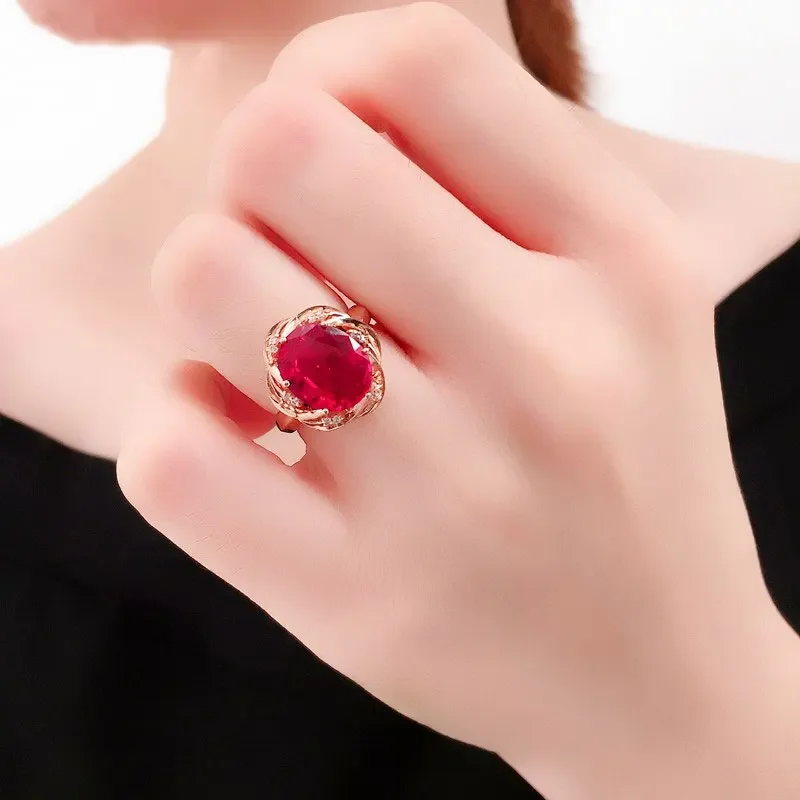 585 Purple 14K Rose Gold Inlaid Flower Ruby Rings For Women Adjustable Elegant Crystal Charm Wedding Engagement Jewelry