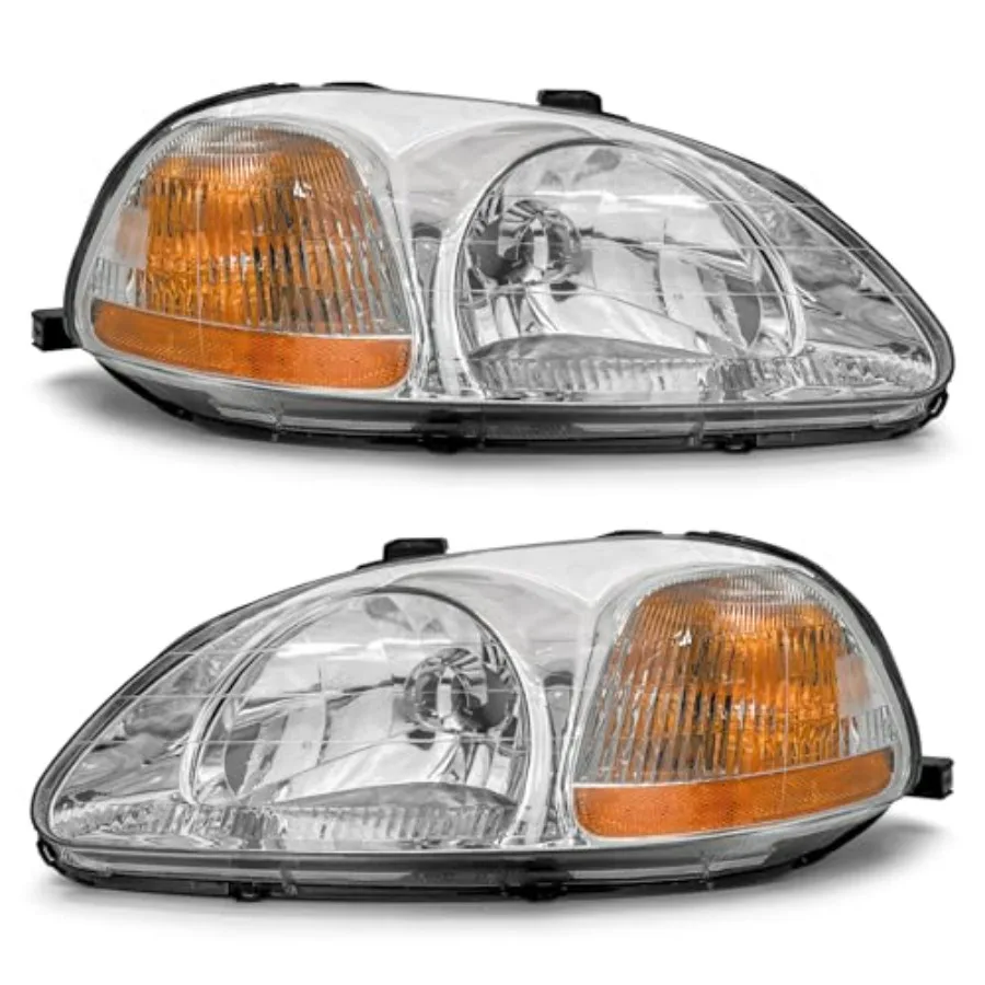 

Headlight Assembly for 1996 1997 1998 Honda Civic EK with Chrome Housing Amber Reflector Left and Right Pair