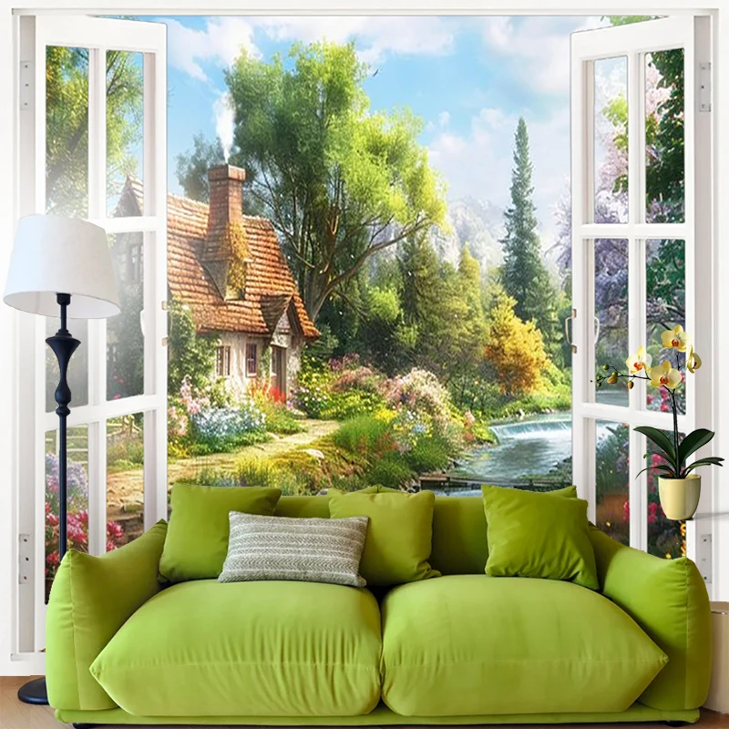 1PC Digital Print Tapestry Wall Hanging, Fake Window Sunset Mountain Lake View Art, Nature Scenery 3D Window Wall Art Decor