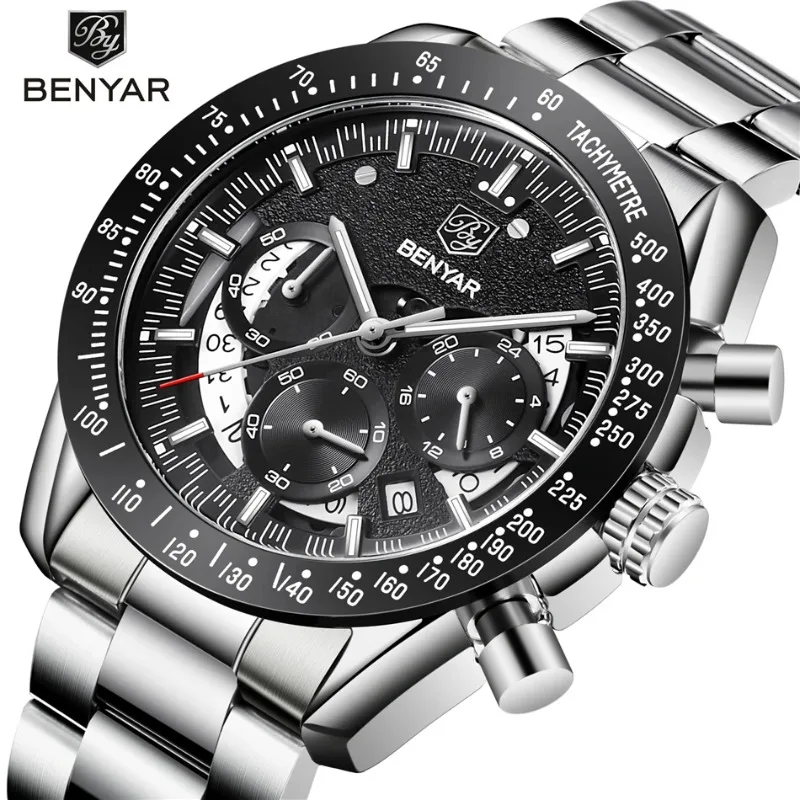 

BENYAR Mens Watches Top Luxury Brand Waterproof Sport Wrist Watch Chronograph Quartz Military Genuine Leather Relogio Masculino