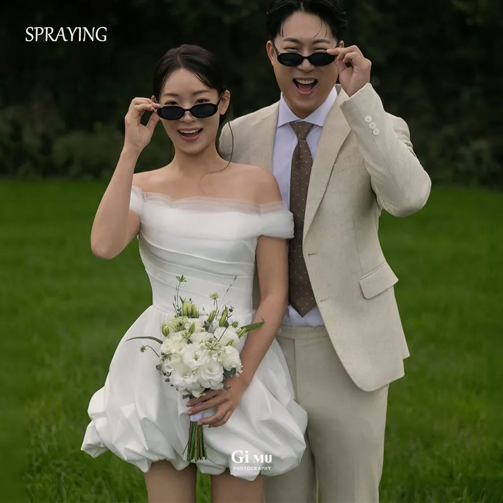 

SPRAYING Атласное мини-свадебное платье цвета слоновой кости Корейская фотосессия с открытыми плечами Короткие свадебные платья Корсет по индивидуальному заказу 웨딩드레스