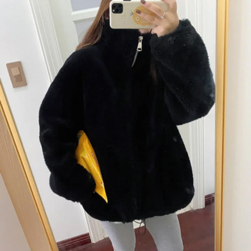 Koreanische frauen Winter Mäntel Schafschur Mantel Frauen Kleidung Mode Lose Wolle Mantel Warme Weibliche Pelz Jacke Casaco Feminino lq