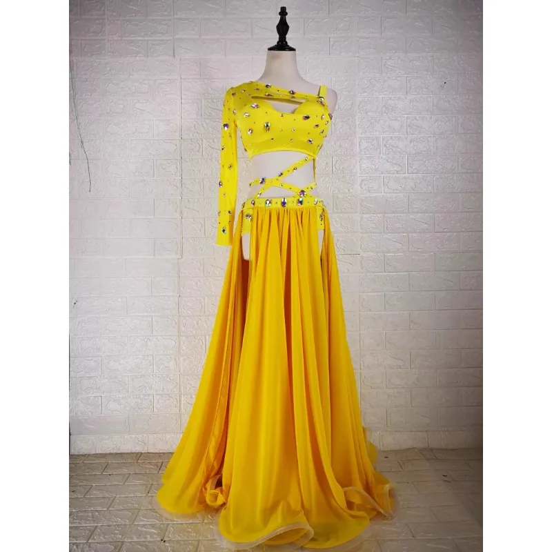customized handmade custom performance costume belly dancewear set practice bellydance costume yellow bras tops long skirt