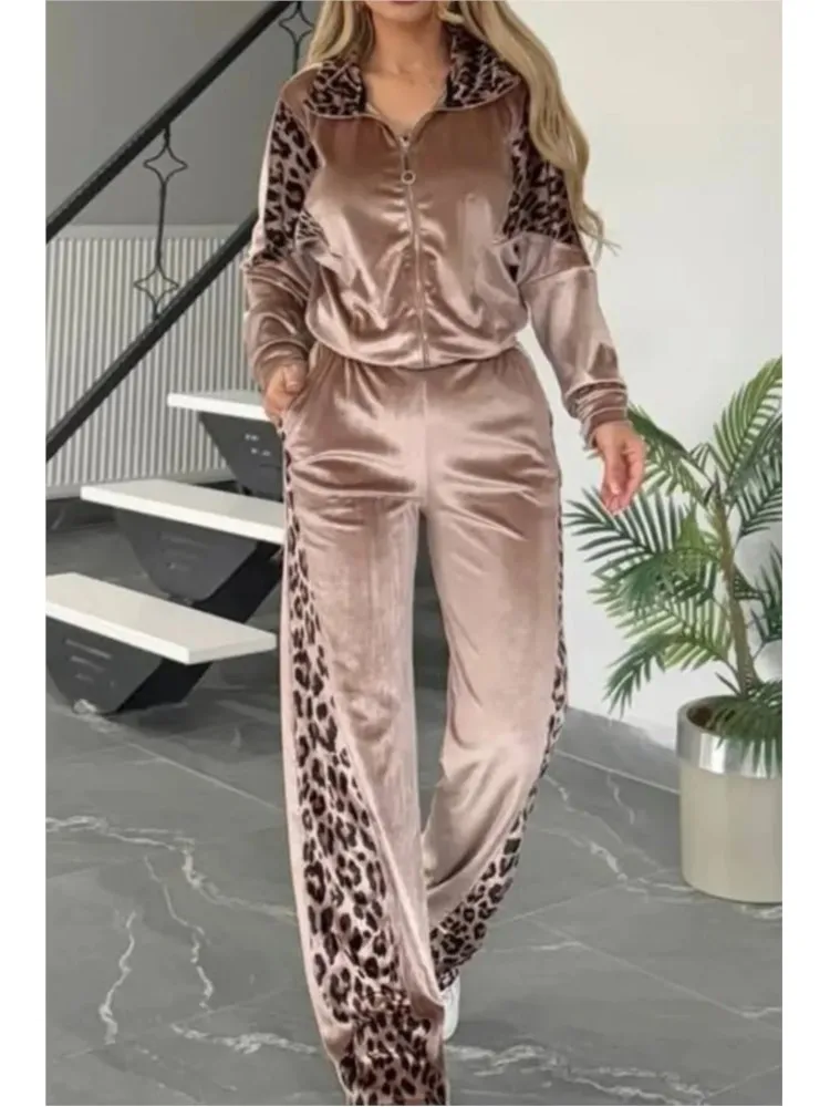 

Autumn Fashion Leopard Print Long-sleeved Lapel Zipper Cardigan Jacket＋pants 2-piece Sets For Women's Casual Loose Suit Set
