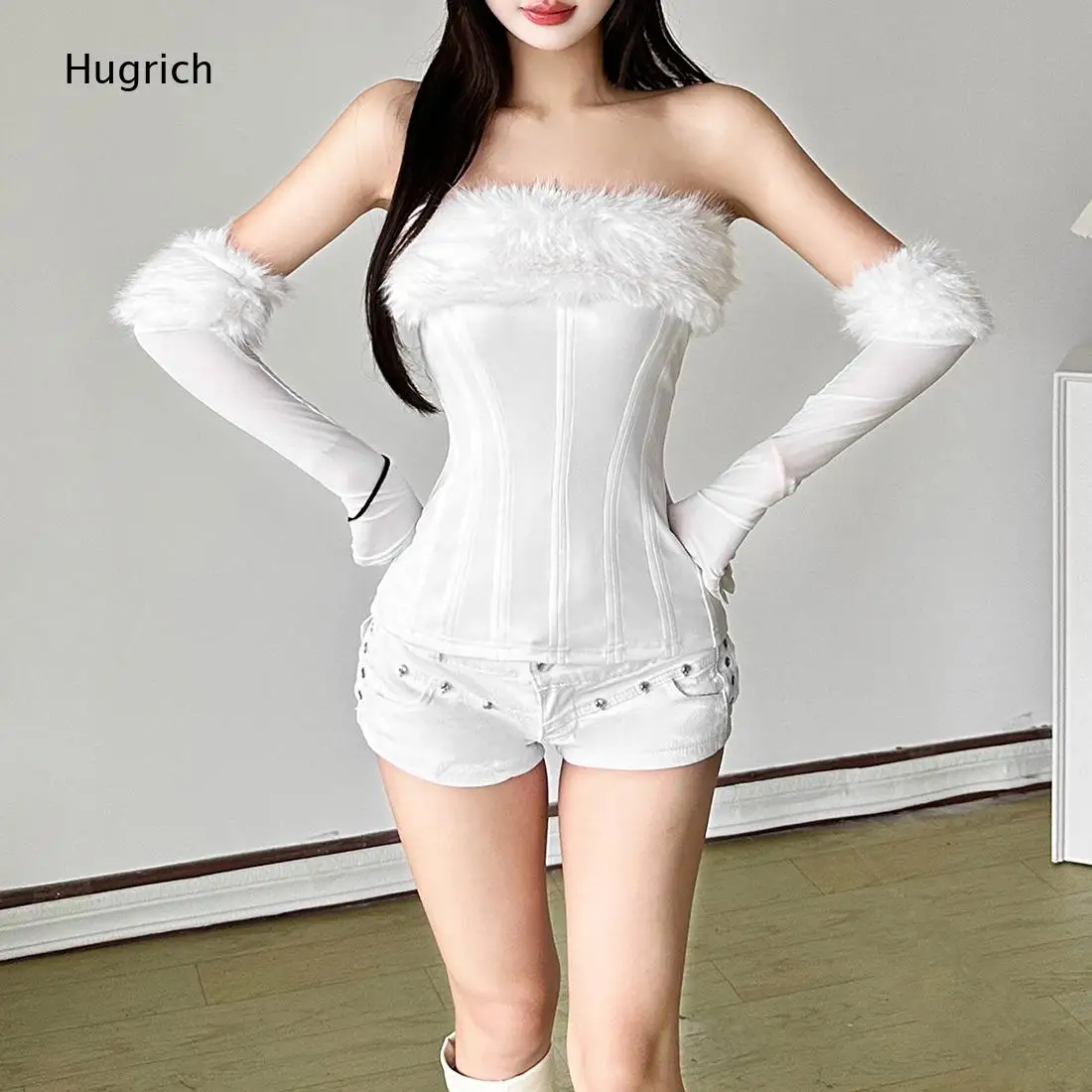 Furry Trim Off Shoulder Top Matching Fluff Cuff Arm Warmers Boned with Long Sleeves Set for Women