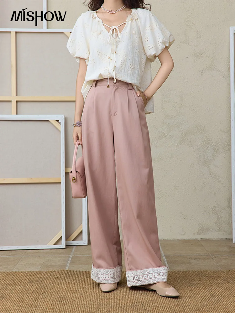 

MISHOW Hem Lace Hollow Out Wide Leg Pants for Women Summer 2025 High Waist Loose Pink Pants Straight Leg Trousers MXE31K0900