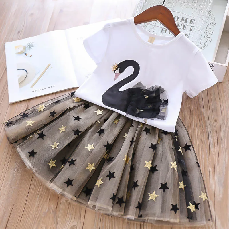 

Kid Girl Clothes Cartoon Swan Lace T-shirt+Star Tulle Skirt 2Pcs Set Baby Outfit Casual Girls' Suit Fashion Two-Piece A834