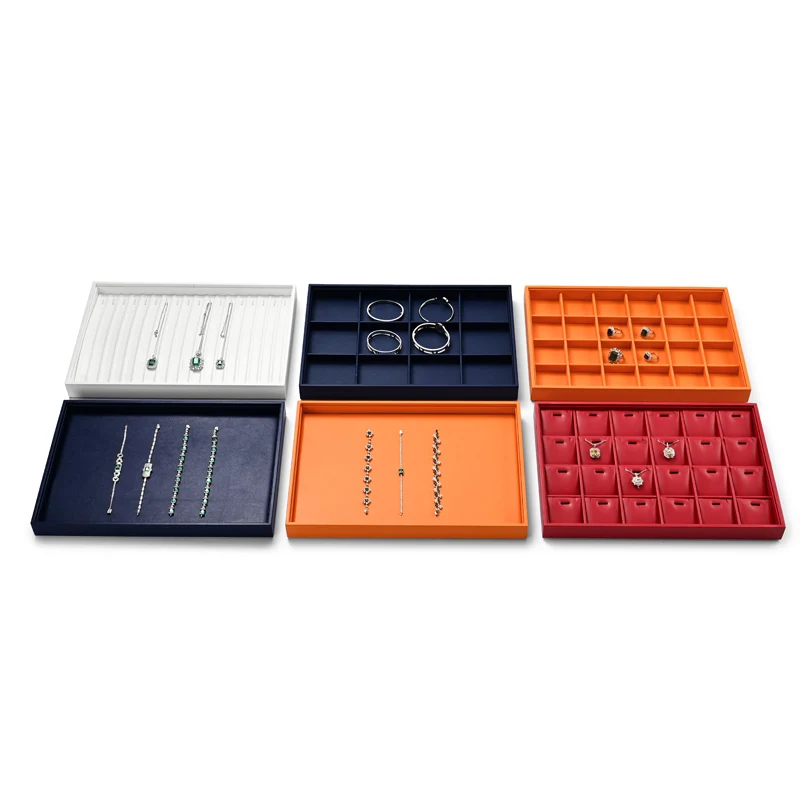 Oirlv Red Jewelry Tray Display Leather Ring Necklace Bracelet Display Grids Organizer Stackable Jewelry Display Tray Red Trays
