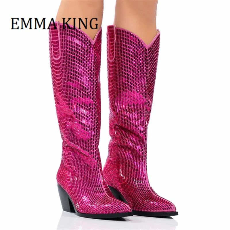 Women Rhinestones Western Cowboy Boots Ladies Wedge Heels Crystal Knee High Boots Sexy Pointed Toe Pull On Shoes Botas De Mujer