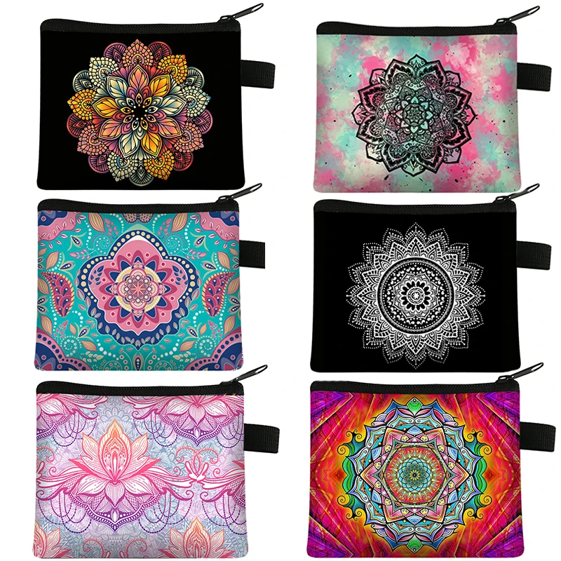 Coin Purse Women Small Wallet Ladies Multicolor Pattern Cute Coin Bag Mandala Flower Print ID Credit Card Case Mini Coin Holde