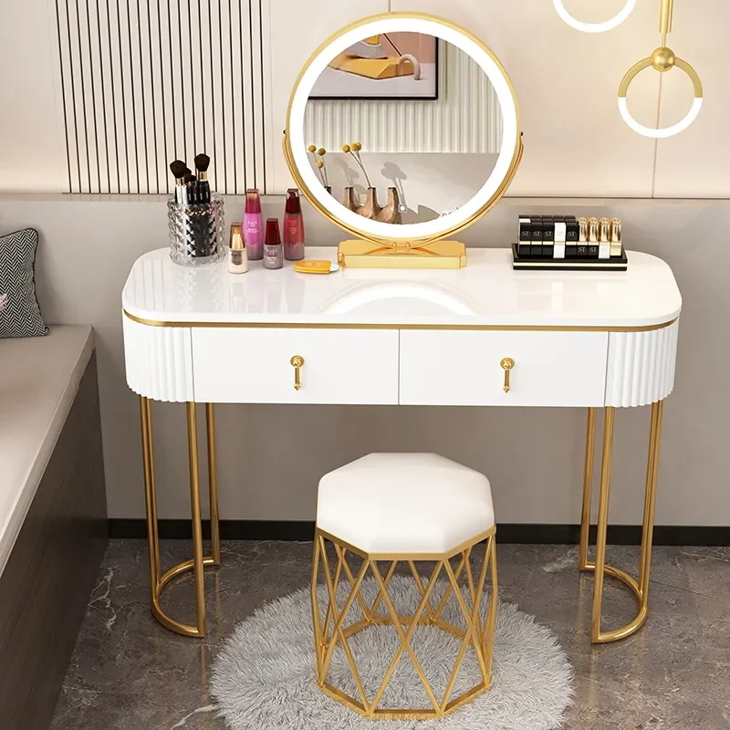 Tocador de lujo minimalista para dormitorio, mesa de maquillaje, taburete de tocador, luz multifunción, lámpara, muebles