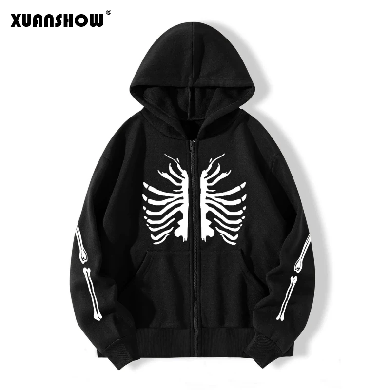 XUANSHOW Autumn Winter Loose Unisex Hoodies Gothic Harajuku Y2k Clothes Skeleton Print Zip Up Thermal Hoodie Cardigan Coat