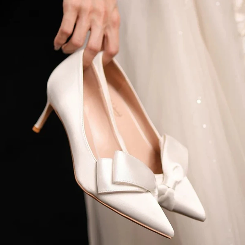 

High-end White Satin Wedding Dress Bridal Shoes Bow Temperament High-heeled Women's Single Shoes