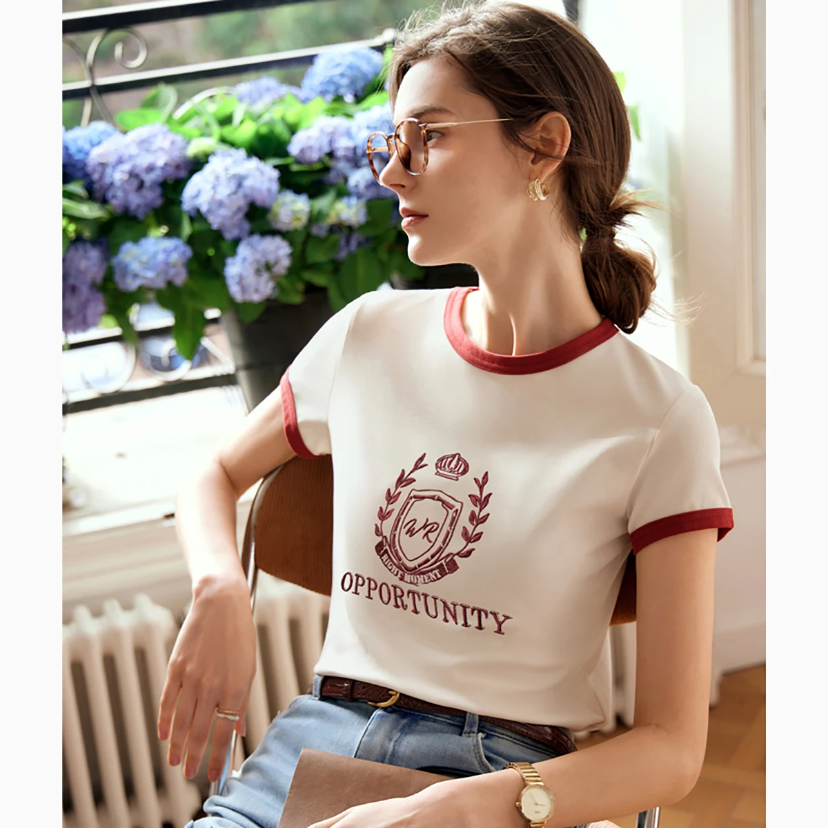 OLrain Women's Vintage Short Sleeve T-Shirt 2026 Spring New Contrast Crew Neck Letter Embroidery Office Casual Top O24XT82950