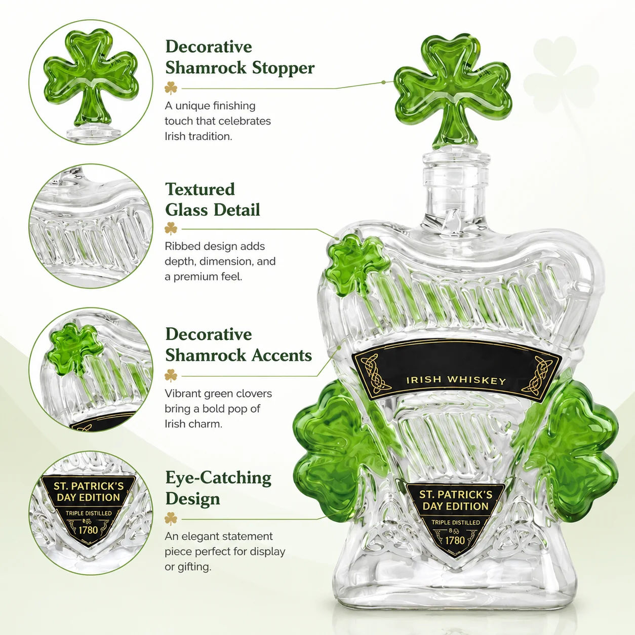 St. Patrick's Day Glass Decanter Shamrock Clover Whiskey Bottle Irish Holiday Bar Decor Collectible Gift
