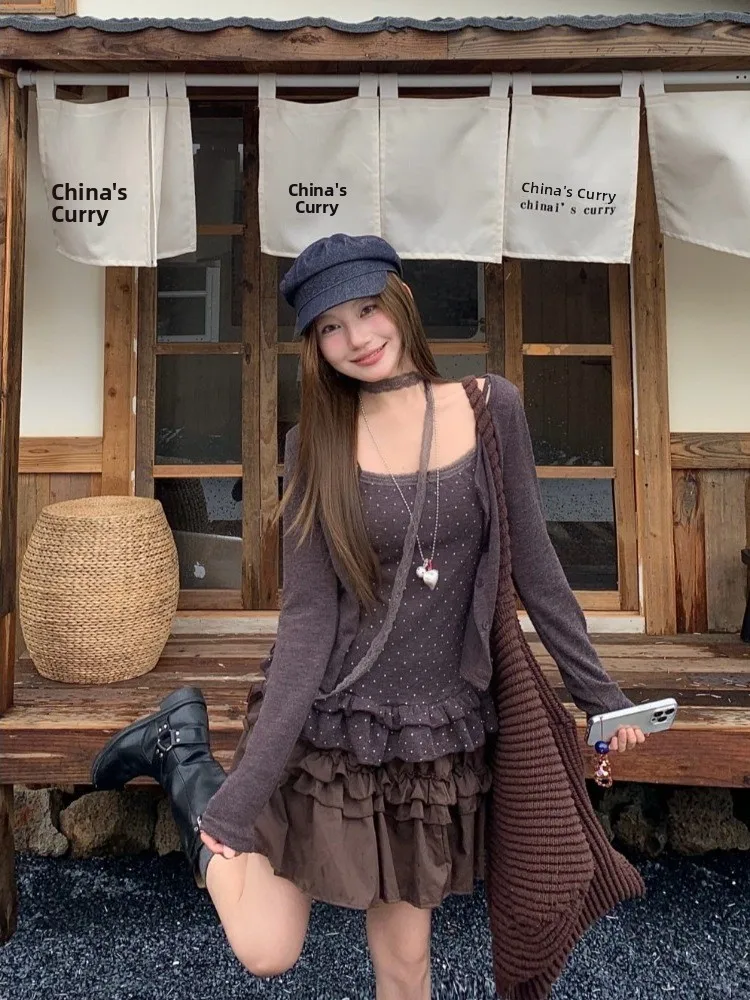 

Retro Spicy Girl Design Set Women's Spring 2026 Polka Dot Lace Strap Long Sleeve Open Cardigan Cake Half Skirt Fashion Set