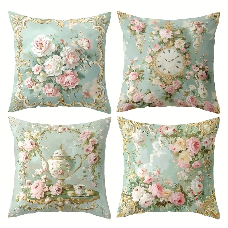 4pcs Rococo Floral Pillow Covers, Vintage Wallpaper Print, Single-Sided Decorative Lumbar Cushions for Sofa