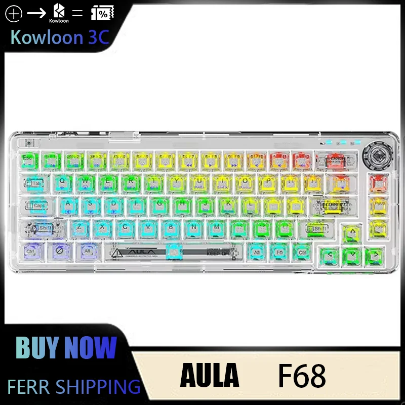 AULA F68 Mechanical Keyboard Customized Transparent Tri-mode Wireless Bluetooth 2.4G Hot-swappable E-sport Gaming Office RGB