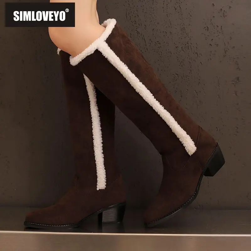 

SIMLOVEYO Бренд 2025 Флоковые замшевые женские сапоги до колена - круглый носок 4,5 см, плюшевые зимние высокие ботильоны на блочном каблуке, большой размер 43
