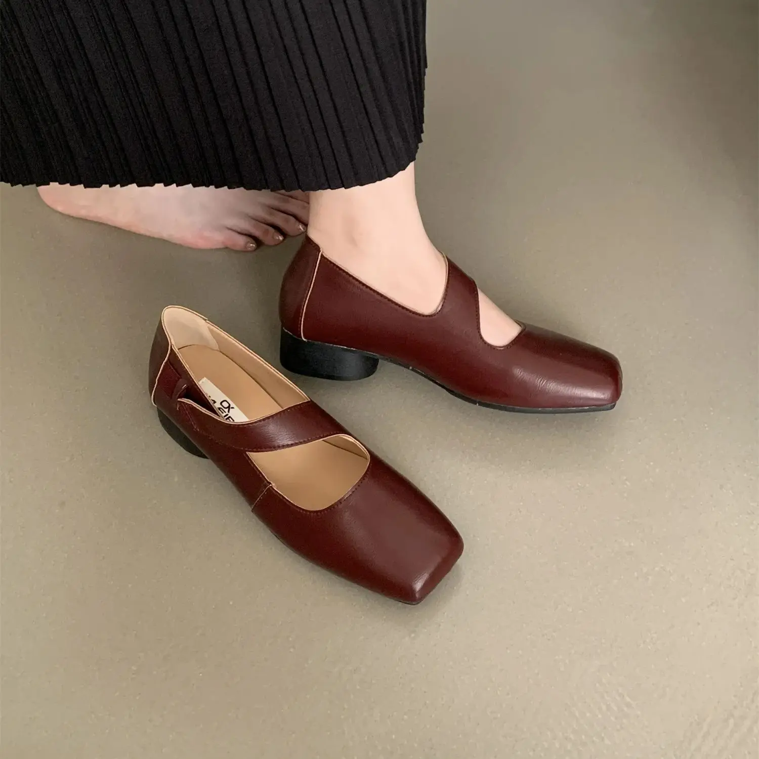 Bailamos New Brand Women Flat Shoes Fashion Square Toe Shallow Mary Jane Shoes Flat Heel Casual Soft Leather Ballet Shoe