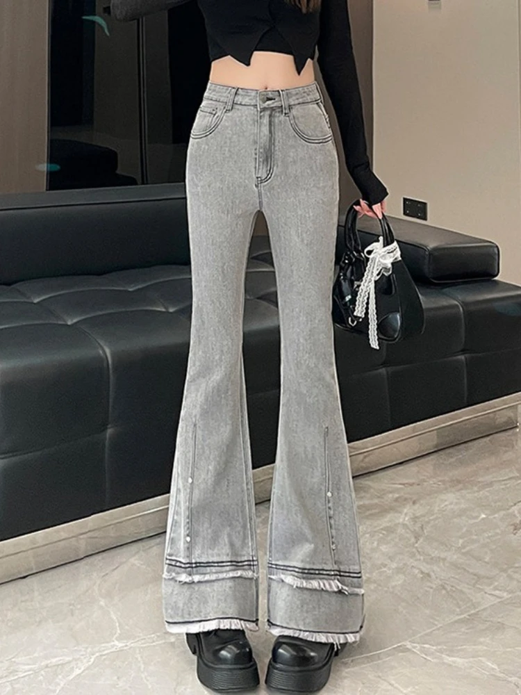 Women tassel studded denim bell bottom pants autumn 2025 new slim fit high waisted fashion patchwork floor  length pants