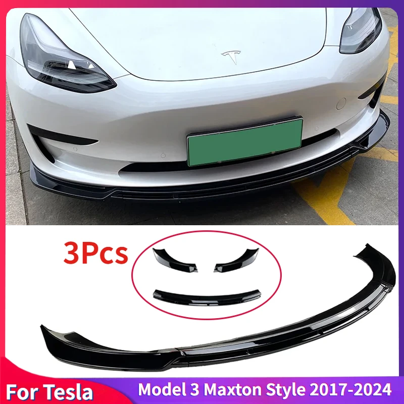 

3Pcs Car Front Bumper Lip for Tesla Model 3 Maxton Style 2017-2024 Cover Splitter Canards Gloss Black Body Kit Spoiler Deflector