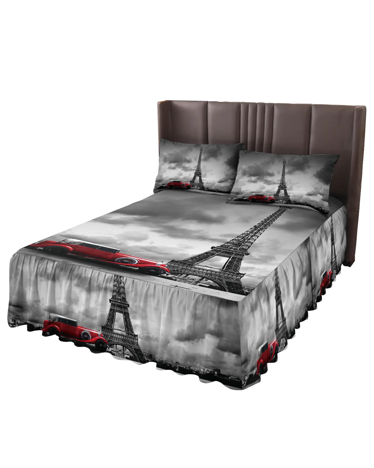 Paris Eiffel Tower With Red Car Bed Skirt Elastic Fitted Bedspread With Pillowcases Mattress Cover Bedding Set Bed Sheet