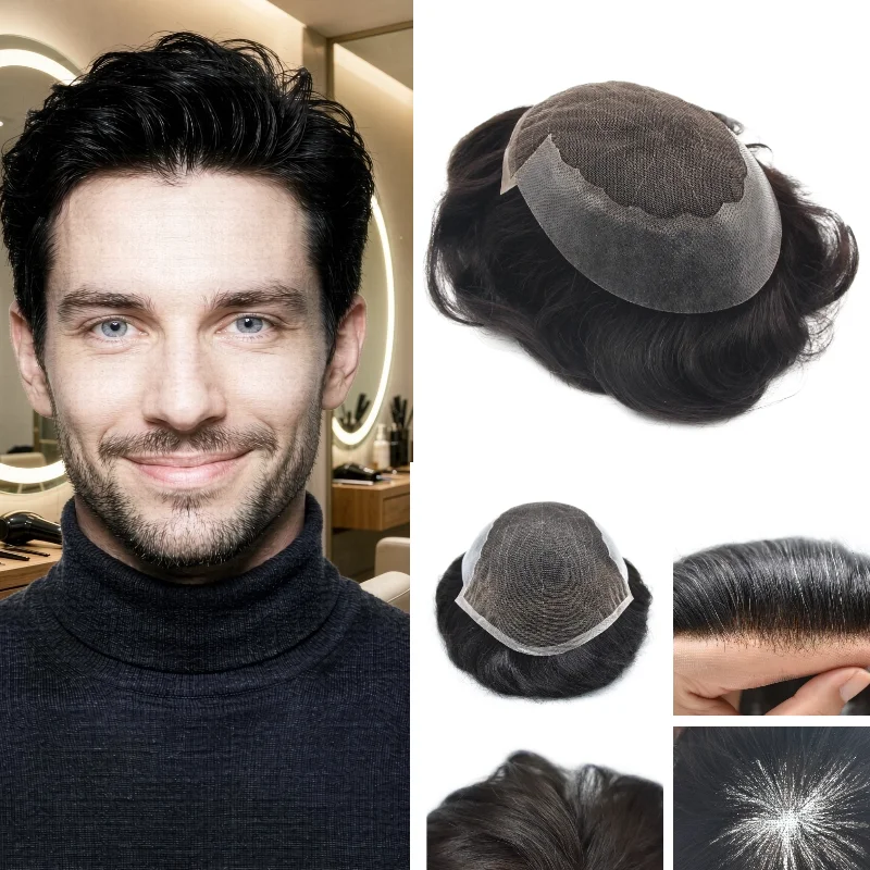 Human Remy Hair Q6 Base Men Hairpiece 8x10 6inch Straight Lace+PU Hand-Tied Remy Hair In Stock 72H Ship Support Dropship