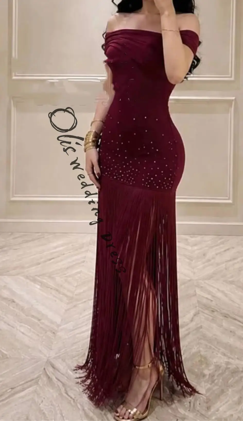 Customized Elegant Mermaid Sleeveless Prom Dresses Off The Shoulder Ankle Length Party Dresses Pleated Beadings Tassels Evening