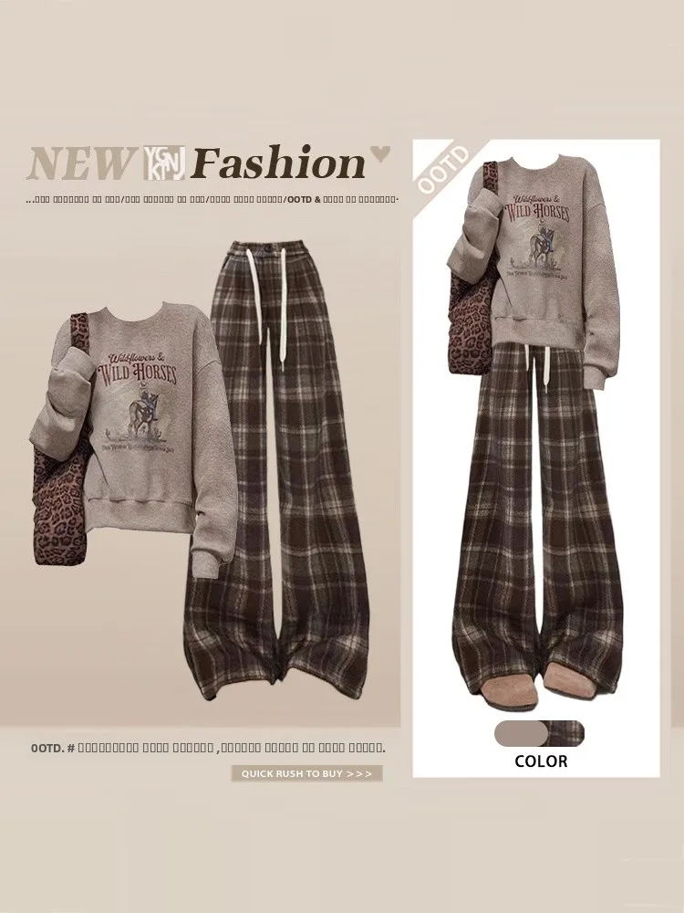 

Retro American Sle round Ne Sweatirt Plaid Wide Leg Pants Women's Faion Casual Wear Two-Piece Set Spring Winter