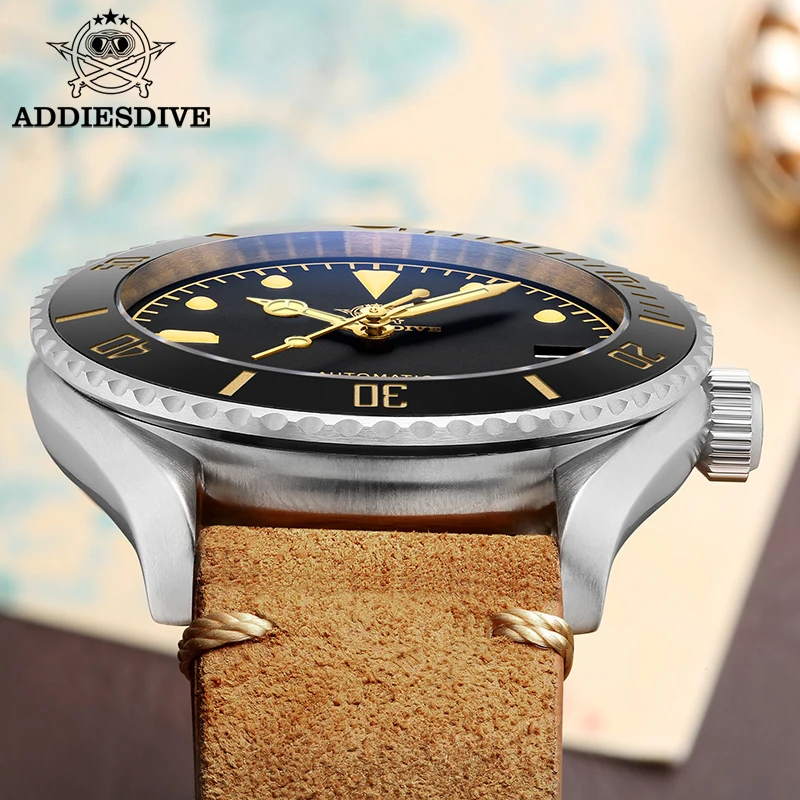 ADDIESDIVE Leather Mechanical Wristwatches Silver Waterproof Steel Analog Watches Luxury Men Sapphire Crystal Mechanical Watches