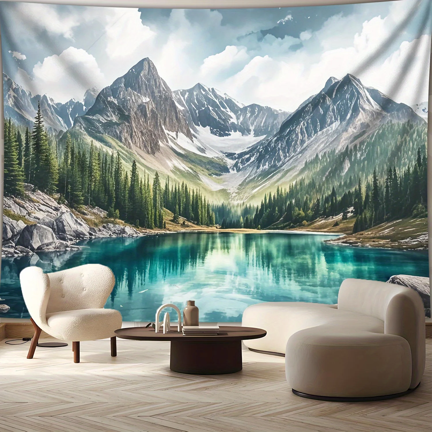 1pc Ultra Large Landscape Tapestry - Snow-Capped Mountain Forest Wall Art, Premium Polyester Peach Light Beige Fabric with Hand-