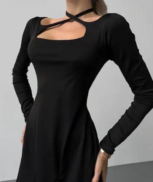 

Autumn Black Sexy Slim and Slimming Knitted Square Neck Design Sense Lace Up Dress Commuting Mini Slit Dresses for Summer Women
